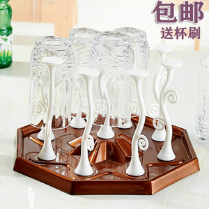 玻璃杯置物架沥水挂架旋转收纳放茶杯的杯架带托盘家用水杯架子