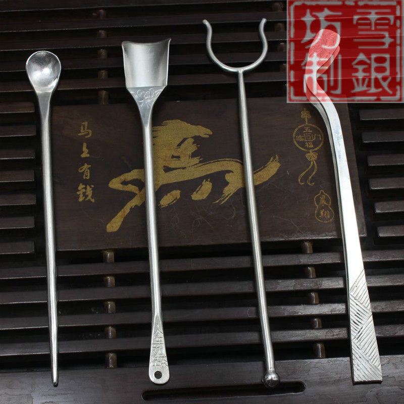 云南雪银坊S999千足纯银茶具四件套 纯银手工茶勺 茶夹 茶针 杯叉
