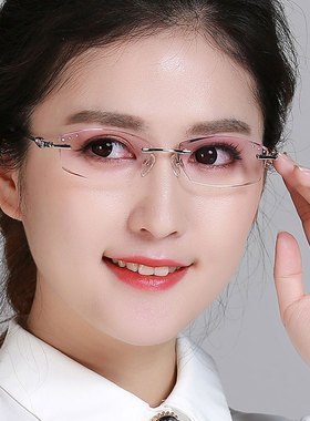 近视眼镜女士钛合金镶钻切边无框眼镜框架配成品度数防辐射58060