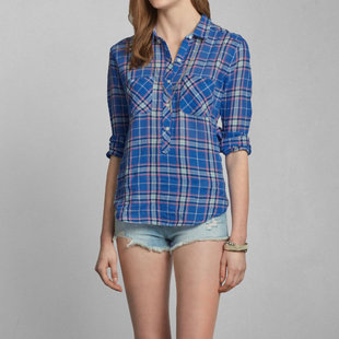 AF/PAMELA欧美范女装格子薄款棉纱长袖衬衫 时尚百搭 半开襟扣