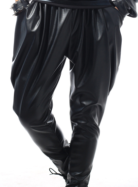 时尚男歌手演出服男裤DJ夜店流行黑色修身弹性皮裤演出服