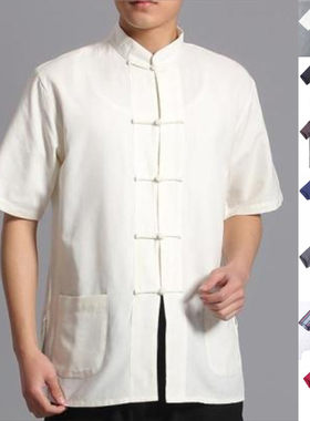 棉麻短袖青年禅修居士服夏季唐装