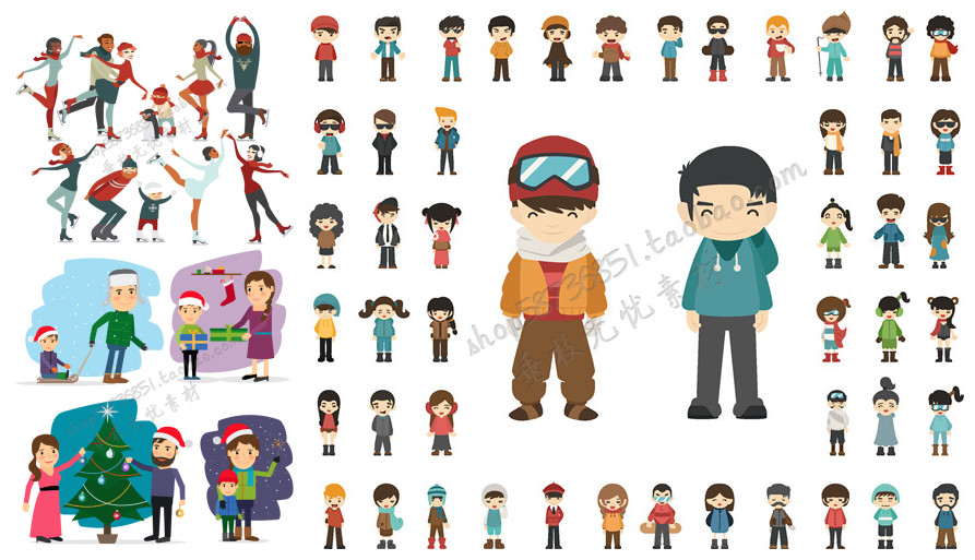 A2114矢量卡通扁平化冬天滑雪人物图案 AI设计素材