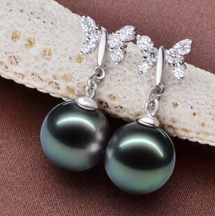 925纯银镶钻耳钉10-11MM大溪地黑珍珠粉耳环耳饰海水珍珠耳坠