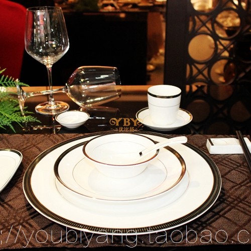 金边简约餐具摆台套装骨瓷饭店餐厅会所包厢专用盘子碗筷子垫盘,餐饮具,盘,淘宝优惠券,粉丝福利购,淘宝优惠卷