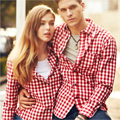 情侣衬衫男士格子衬衫男长袖修身青年学生黑白