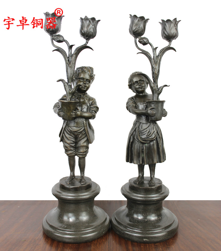 宇卓铜器 纯铜蜡台欧式工艺黄铜欧式童男童女抱花盆烛台摆件