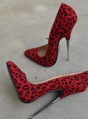 性感红色豹纹尖头16厘米cm金属细高跟cd伪娘变装大码情趣超高