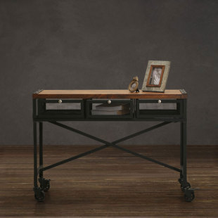 复古铁艺实木板书桌带轮子可移动铁网抽屉工作台办公桌电脑桌 美式