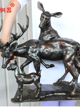 黄铜母子鹿工艺品迎春桌面摆件