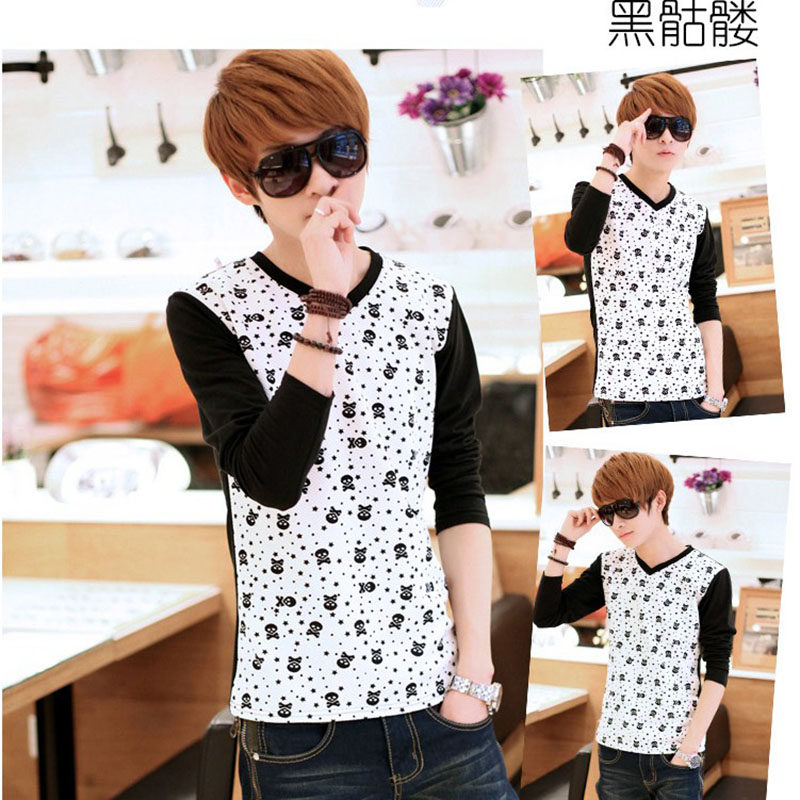 特价秋装新款韩版青少年V领印花长袖T恤男中学生棉质骷髅打底衫潮在类目 男装, T恤中 - 来自Buy2taobao.com提供专业的淘宝代购服务