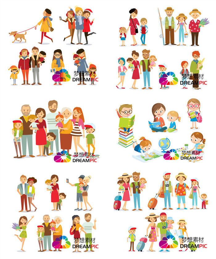 AI矢量设计素材 扁平化家庭人物一家三口父母度假阅读图标icon