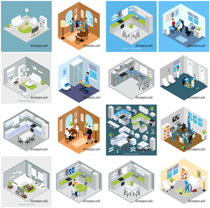 [581]AI矢量设计素材 扁平化Isometric风格室内家居厨房客厅图标