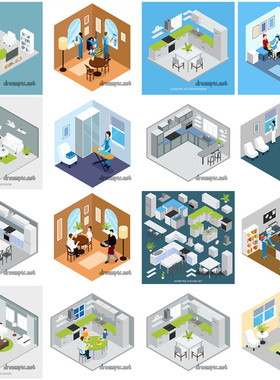 [581]AI矢量设计素材 扁平化Isometric风格室内家居厨房客厅图标