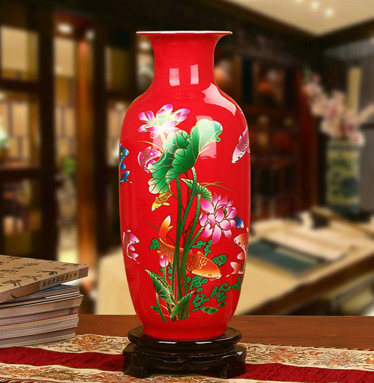 景德镇陶瓷器 时尚中式家居中国红鱼花瓶 客厅装饰器插花摆件设