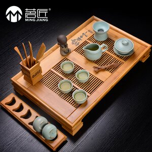 茗匠茶具竹制茶盘储水排水抽屉式两用带茶杯架茶海中大号茶托盘