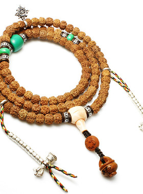 藏式五瓣肉纹小金刚菩提子手配仿绿松石桃核桶珠108佛珠念珠手链