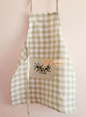 厨房家居日式纯棉格子刺绣家居围裙挂脖无袖可调节式围裙棉麻薄款