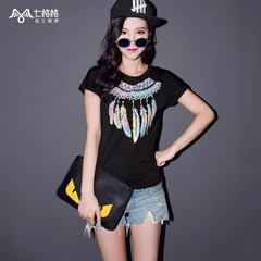 Pre summer of seven space space OTHERMIX2015 new Gradient Feather print black slim short sleeve t shirt women