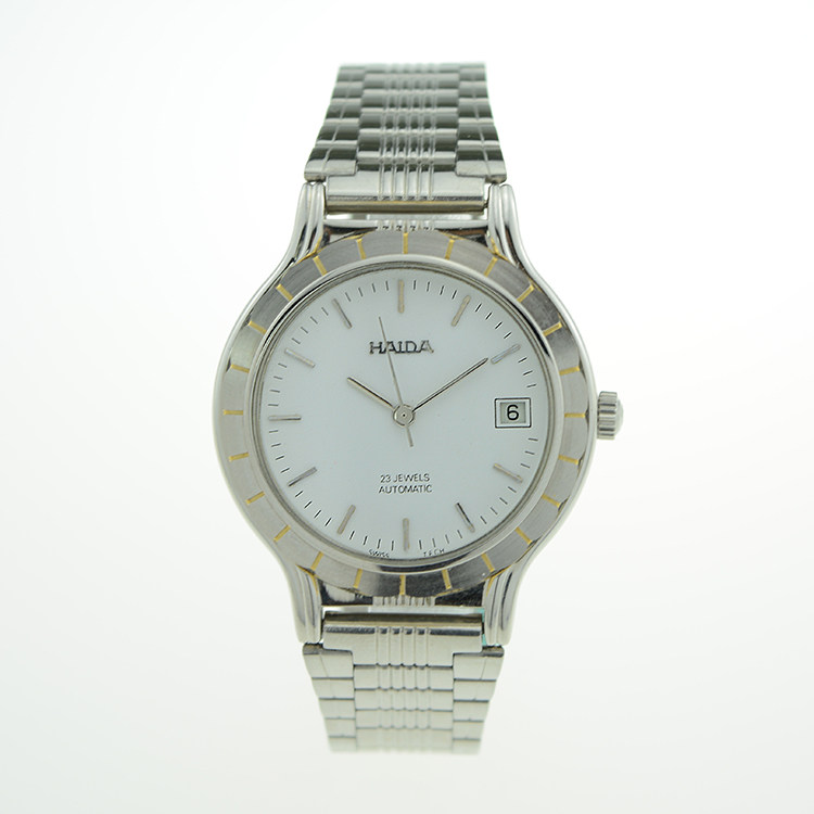 上海产海达手表白色表盘精钢简约银色刻度全自动机械男表库存全新