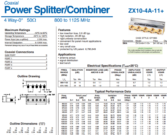 800-1125MHz 射频微波同轴一分四功分器 代替 ZX10-4A-11+ Mini-Circuits