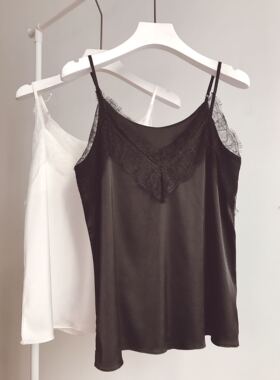 黑色白色打底丝绸睫毛花边宽松大码百搭v领性感蕾丝吊带