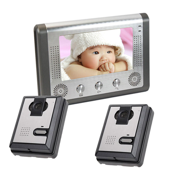 楼宇对讲可视门铃家用二拖一智能安防门禁系统7寸显示屏有线开锁