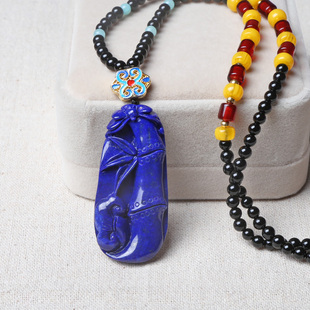 晶万顺天然青金石吊坠金蟾竹节雕刻鱼项坠男女款生日礼物项坠新年