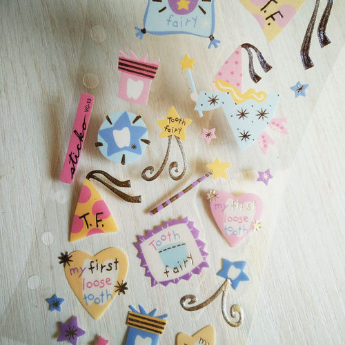 欧单 超可爱牙仙子 第一次掉牙 插画风宝宝日志烫金pvc防水贴纸