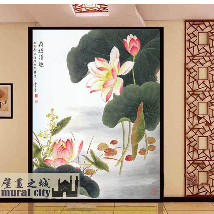 荷花荷塘莲花墙纸中式古典水墨画国画壁纸酒店客厅电视背景墙壁画