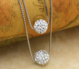 S925纯银吊坠项链饰品女款双层镶满钻素银圆球明星同款含盒子套链