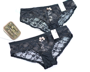 V1-1外单黑色性感蕾丝半透明 蝴蝶结 女士三角内裤