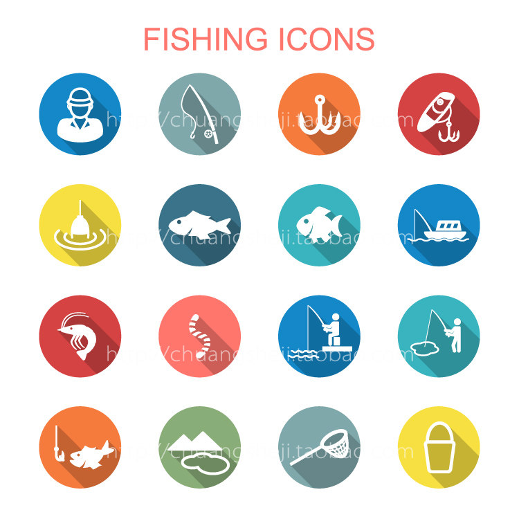 扁平化钓鱼图标ai矢量素材 钓鱼 垂钓元素圆形小图标 设计素材