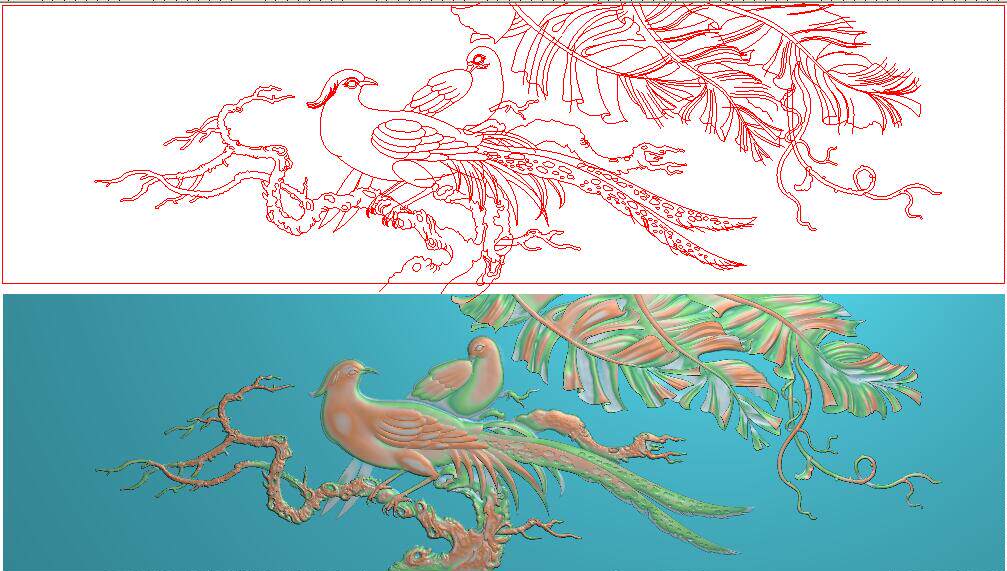 精雕图凤凰芭蕉叶灰度图浮雕图精品檀雕花鸟沙发大背板横900x250