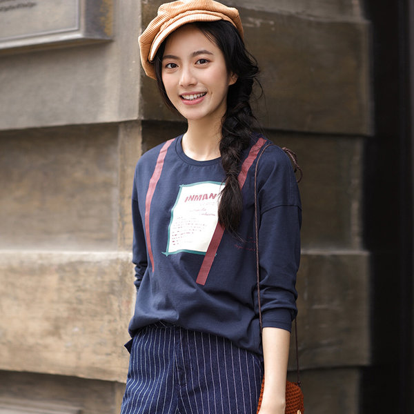 茵曼 18年春季新款 韩版宽松 女式长袖T恤 天猫优惠券折后￥69包邮（￥119-50）2色可选