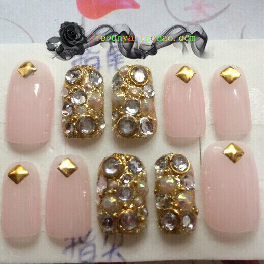 奢华新娘光疗定做成品手工甲片定做贴片韩式假指甲粉嘟嘟闪亮包邮