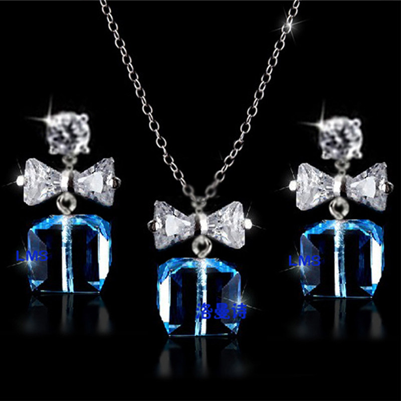 蝴蝶结蓝色水晶耳环项链首饰品套装女925银韩国版短款锁骨链配饰