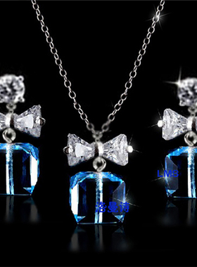 蝴蝶结蓝色水晶耳环项链首饰品套装女925银韩国版短款锁骨链配饰