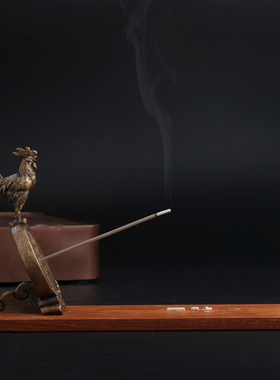 原创纯铜线香插金鸡报晓工艺品