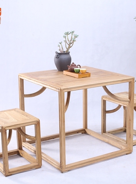 【一方百榆】 榆木茶桌餐桌 原木中式方桌 全实木禅意小