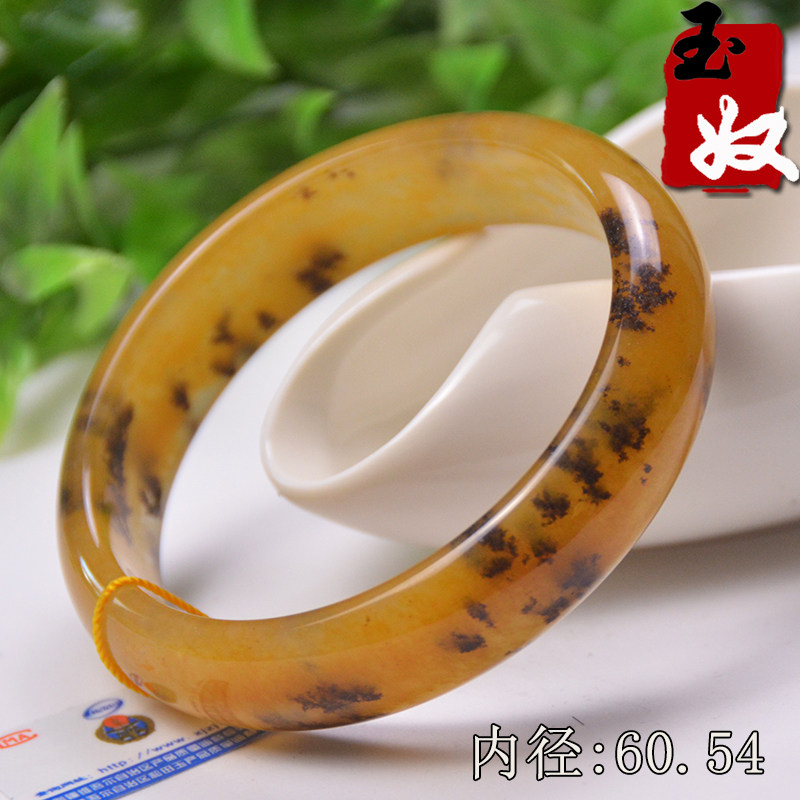 玉奴/新疆天然金丝玉手镯/黄色宝石光戈壁玉草花玉手镯子/60/61