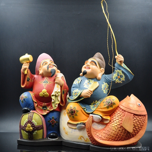 修明堂东密大财神惠比寿神大黑天财神香樟木雕刻彩绘财神佛像摆件