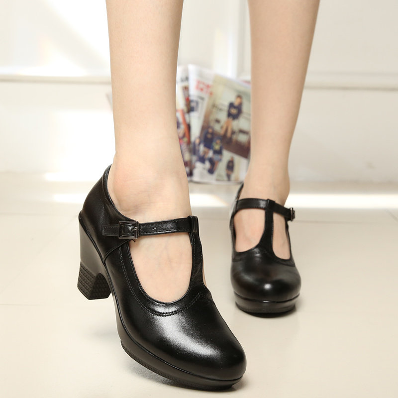 真皮广场舞鞋女夏粗跟高跟单鞋防水台女鞋拉丁舞三步踩女皮鞋黑色