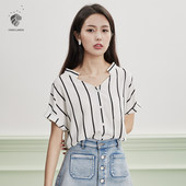 范思蓝恩条纹衬衫女韩范印花衬衣V领雪纺衫上衣女夏短袖百搭宽松