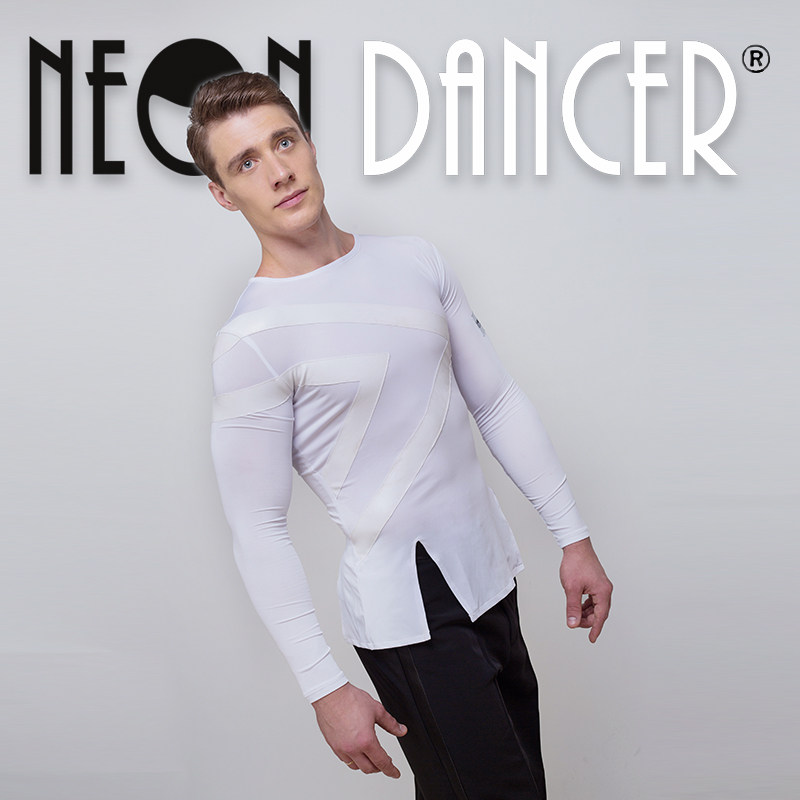 NEON DANCER 男士专业拉丁舞服 白色拼仿皮练习表演上衣 艺考服装