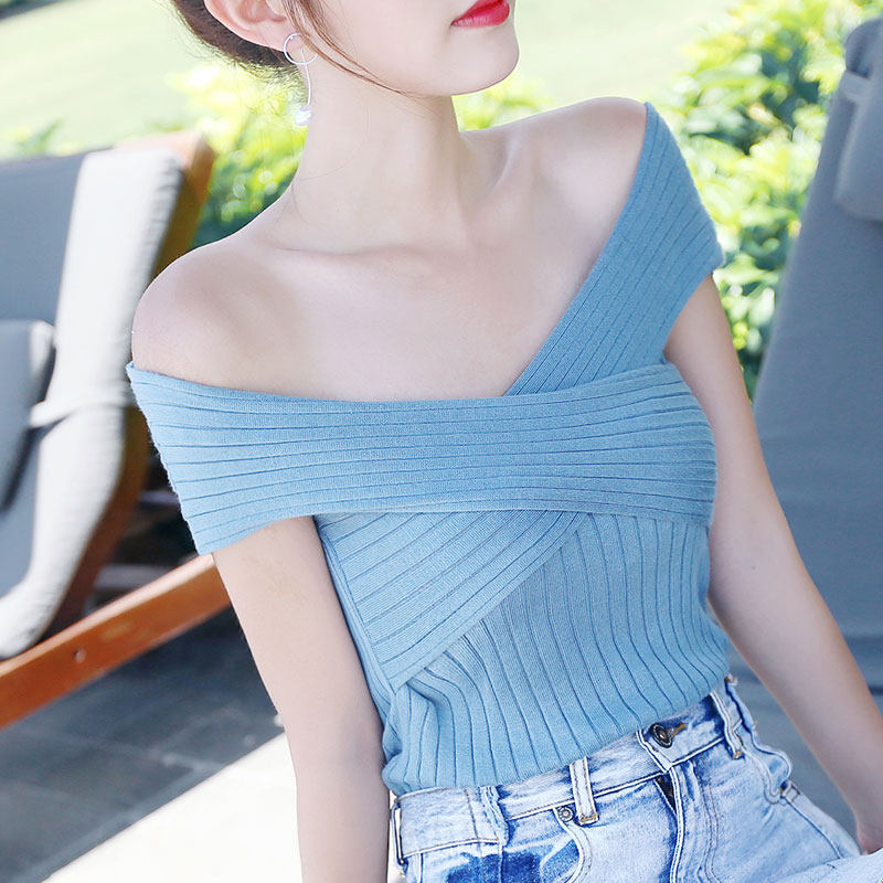 Korean Edition chic Retro Scheming Word collar strapless jacket sexy Self cultivation Knit short-sleeved t-shirtin the Women's clothing/Boutique , T-shirt  category - from Buy2taobao.com to provide professional Taobao agent buy service
