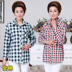 中老年纯棉长袖格子衬衫女春夏薄款妈妈装全棉衬衣中年大码衬衫女