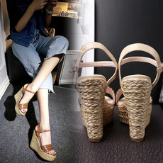 Босоножки 2017夏超高跟罗马裸色凉鞋防水台雕花镂空真皮草编坡跟厚底女凉鞋 OTHER 20169889
