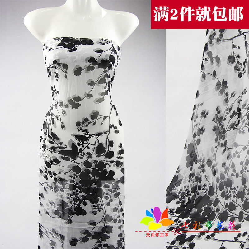 外贸印花布料黑白花型汉服服装面料春夏季连衣裙装雪纺衫清仓古装