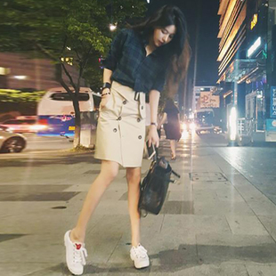 韩风Chic港味高腰A字伞裙斜拉链显瘦卡其色半身裙短裙女 亏本清仓